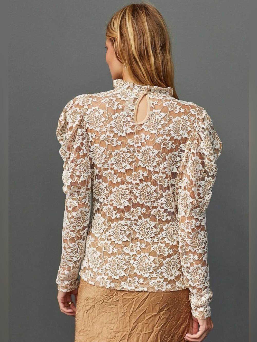NWT Anthropologie Dolan Lace Puff Sleeve White Beige Blouse M - Picture 2 of 10